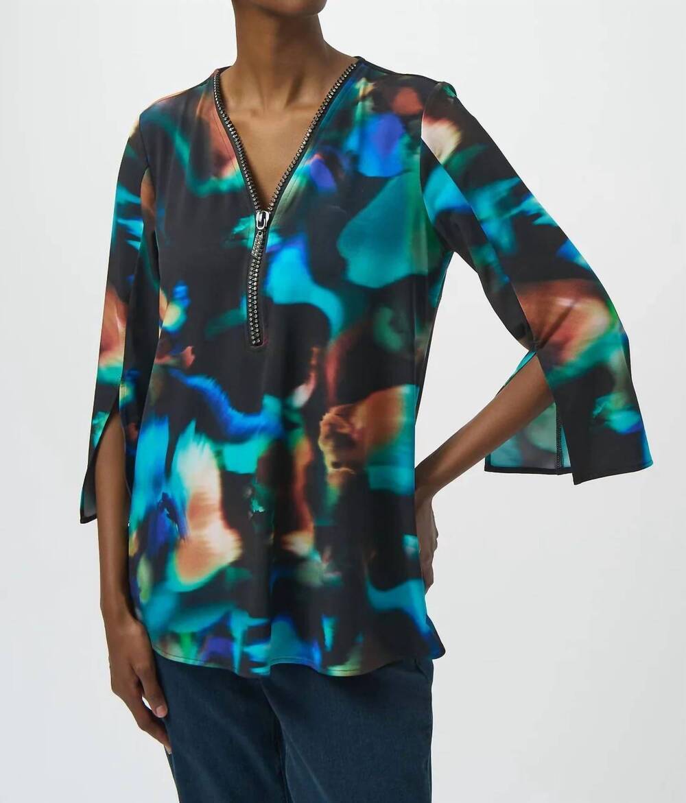 NEW JOSEPH RIBKOFF abstract print 3/4 sleeves fit and flare tunic top in black/m